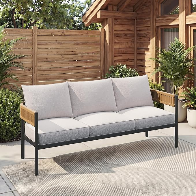Gand Patio Outdoor 3-Seat Couch Sofa, Wicker Conversation Set with Thick Cushion for Porch, Garden, Yard, Natural