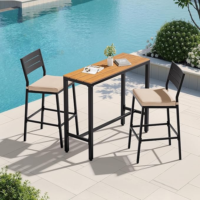 Crestlive Products Outdoor Bar Table and Chairs Set, 3 Piece Outside Patio Bar Set with 43" Long Bar Table and 2 Bar Stools for Balcony, Bistro, Garden, Backyard(Brown Desktop and Beige Cushion)