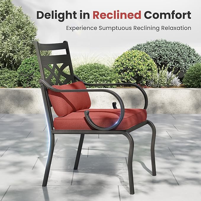 PHI VILLA 5 Pieces Outdoor Dining Set for 4, 42" Square Brown Metal Table with Umbrella Hole & Wrought Iron Chairs, All Weather Outside Furniture with Red Cushions & Pillows for Patio, Deck, Porch