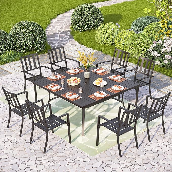 PHI VILLA 9 Pieces Outdoor Dining Set for 8, 60” Square Black Metal Table with Umbrella Hole & Stackable Iron Chairs, Large Outside Furniture Set for Patio, Deck, Yard, Porch