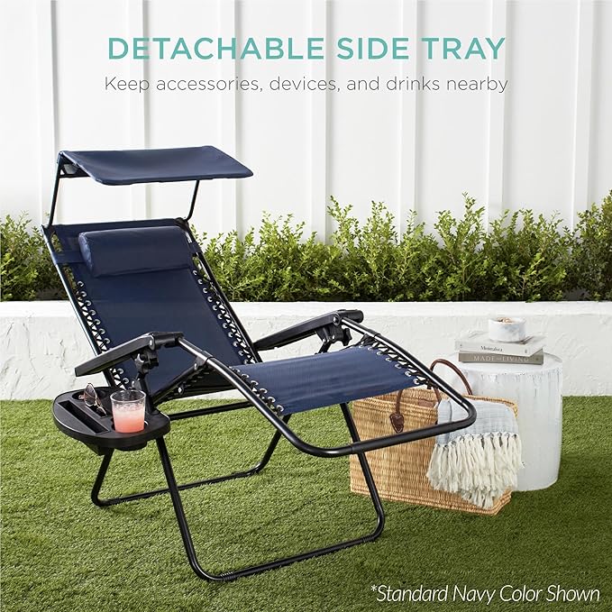 Best Choice Products 30” Wide Folding Zero Gravity Outdoor Recliner Patio Lounge Chair w/Adjustable Canopy Shade, Headrest, Side Accessory Tray - Burgundy