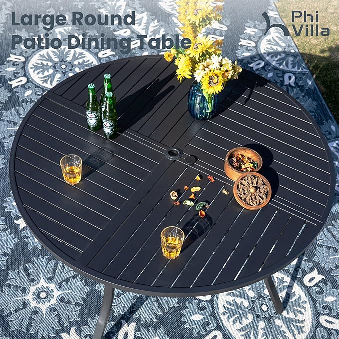 PHI VILLA 7 Pieces Outdoor Round Dining Set for 6, Wrought Iron Dining Circular Table with Umbrella Hole & Stackable Metal Steel Chairs, Large Dining Furniture Set for Patio, Deck, Yard, Porch