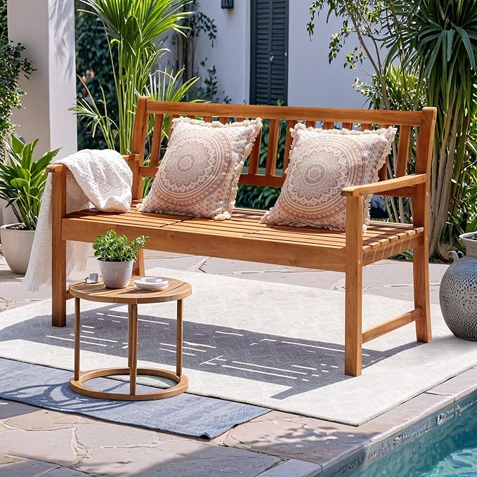 Devoko Outdoor Bench, 2-Person Garden Bench, Patio Wood Bench Outdoor Loveseat with Pull-Out Center Table for Backyard, Balcony and Patio and Garden (Log Color)