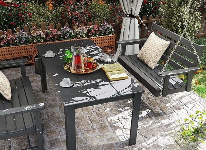 GREENVINES Porch Swing | 51’’ | HDPE Plastic | for Outdoor Patio | All Weather | Waterproof Bench Swings | w/ 4 Stainless Steel Chains | Grey