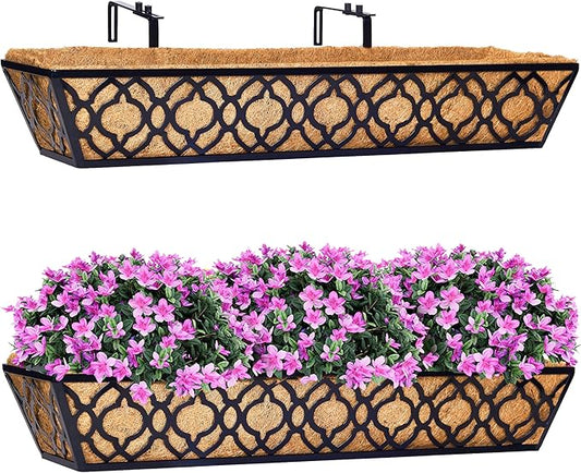 HFHOME 2 Pcs 30" Window Box Deck Railing Planter with Horse Trough Coco Liners, Black Metal Hanging Flower Planters Baskets for Indoor, Outdoor, Balcony, Porch, Fence, Patio, and Lawn