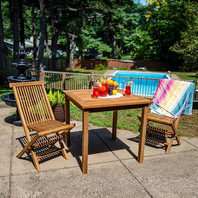 Sunnydaze Solid Teak Wood Outdoor Dining Table - Wooden Patio Table - Square - 32 Inches Long - Natural Brown Wood Stain Finish