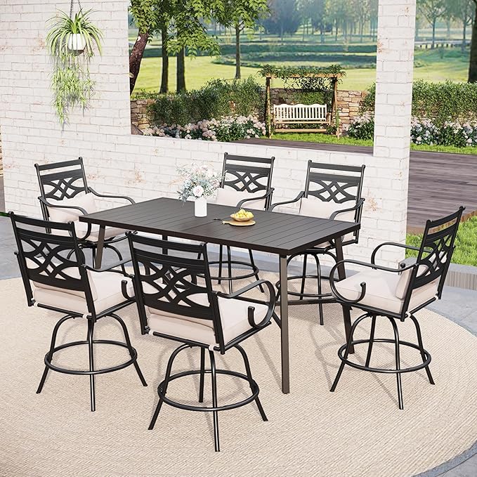 Sophia & William 7-Piece Outdoor Bar Set, Bar Height Patio Table and Chairs for 6, 6 Outdoor Swivel Bar Stools with Beige Cushion and 1 Rectangular Bar Height Table