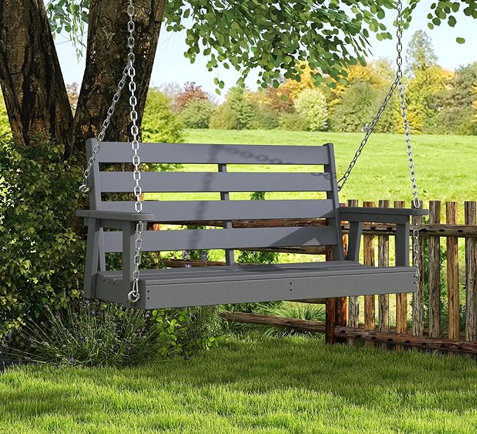 GREENVINES Porch Swing | 51’’ | HDPE Plastic | for Outdoor Patio | All Weather | Waterproof Bench Swings | w/ 4 Stainless Steel Chains | Grey
