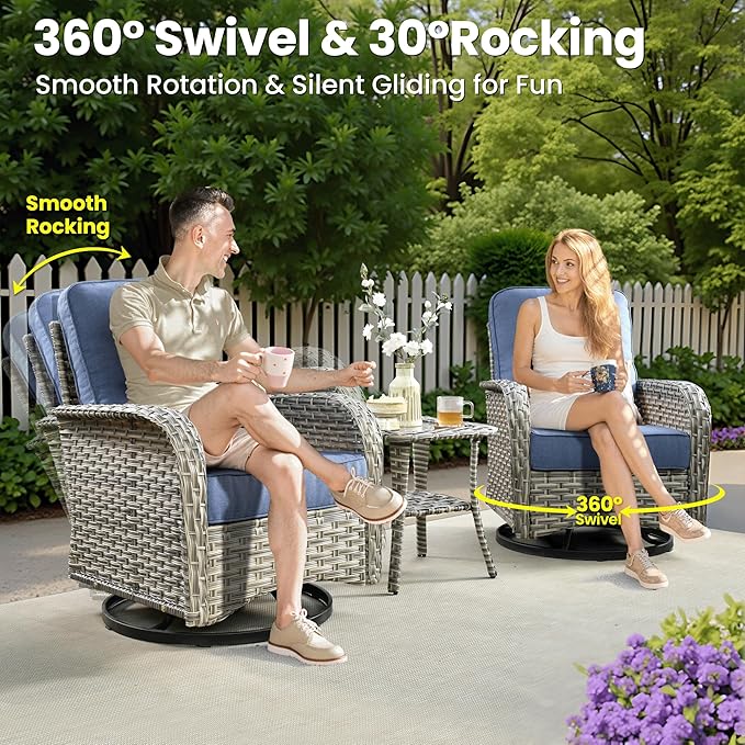 ovios 8-Piece Patio Furniture Set with L-Shape Sofa Chaise, Outdoor Sectional Couch Swivel Gliders, Modern Modular Wicker Rattan Conversation Set, Denim Blue
