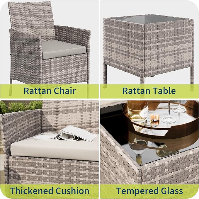 GAOMON 3-Piece Patio Furniture Set, Modern PE Rattan Conversation Set with 2 Chairs & Tempered Glass Coffee Table, All-Weather Outdoor Seating for Garden, Porch, Balcony, Poolside, Grey/Light Grey