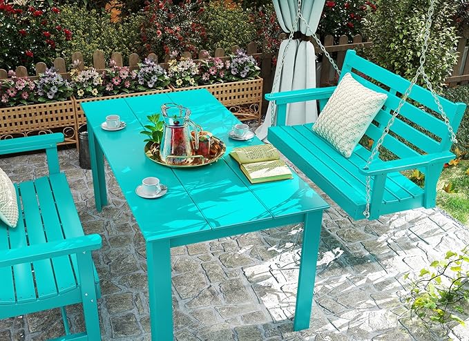 GREENVINES Porch Swing | 51’’ | HDPE Plastic | for Outdoor Patio | All Weather | Waterproof Bench Swings | w/ 4 Stainless Steel Chains | Aqua
