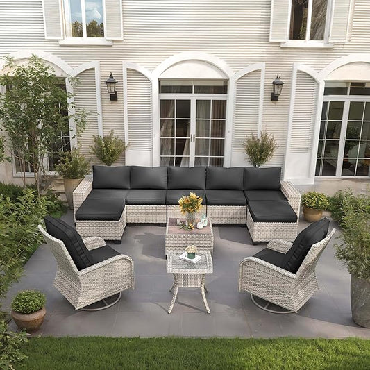 11-Piece Outdoor Patio Furniture Set with Rocking Swivel Chair Wicker Sectional Sofa Set, Patio Conversation Set with Ottomans & Coffee Table for Garden, Backyard, Poolside, Dark Grey
