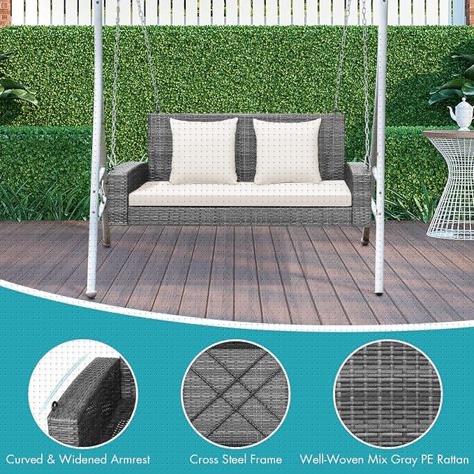 RELAX4LIFE 2-Person Porch Swing Bench - PE Rattan Outdoor Swing Chair with Comfortable Seat & Back Cushions, Rustproof Metal Chains, Patio Loveseat Swing for Balcony, Garden, Yard, 800 LBS (Off White)