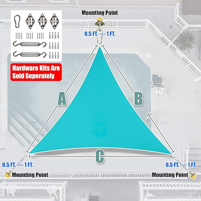 Amgo 8' x 8' x 8' Turquoise Triangle Sun Shade Sail UPF50+ Canopy Awning AGSLT, 95% UV Blockage, Water & Air Permeable, 200GSM Heavy Duty Commercial and Residential (We Make Custom Sizes)
