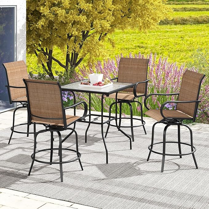 Giantex Set of 2 Swivel Outdoor Bar Stools, All-Weather Bar Height Patio Chairs, 330LBS Capacity, 360 Rotating Outside Bar Chairs with High Back Armrests, for Porch Yard Lawn Garden Pool (Brown)