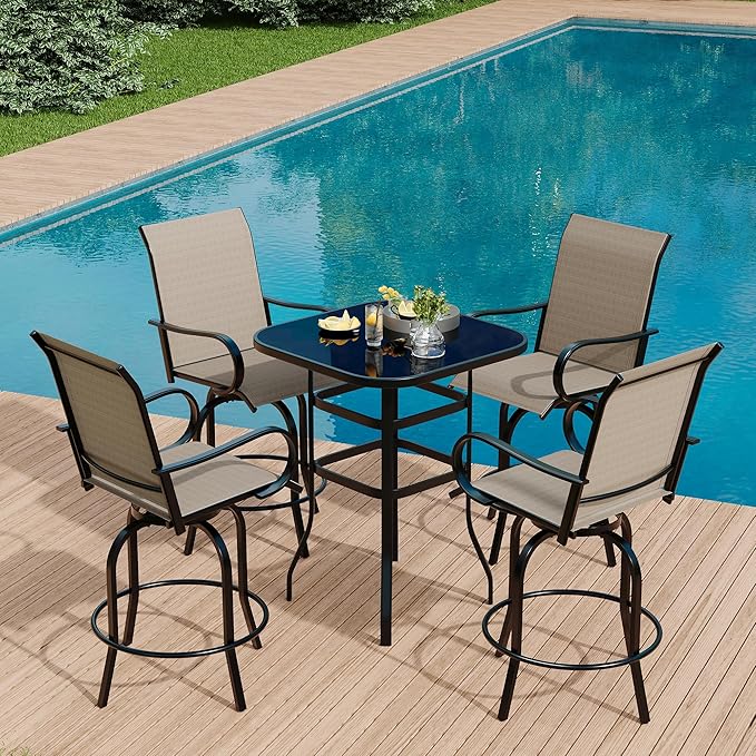 5 Piece Outdoor High Top Bar Set, 5 Pieces Outdoor Swivel Bar Set with 4 Swivel Chairs and Glass Top Table, All Weather Textile Fabric Outdoor Bar Height Chairs and Table Set of 5 for Deck, Backyard