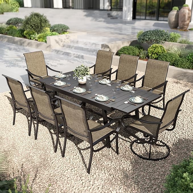 PHI VILLA 9 Piece Patio Dining Set, Expandable Table for 6-8 Person and 2 Swivel & 6 Fixed Outdoor Chairs All Weather Patio Furniture Set for Deck Garden Yard