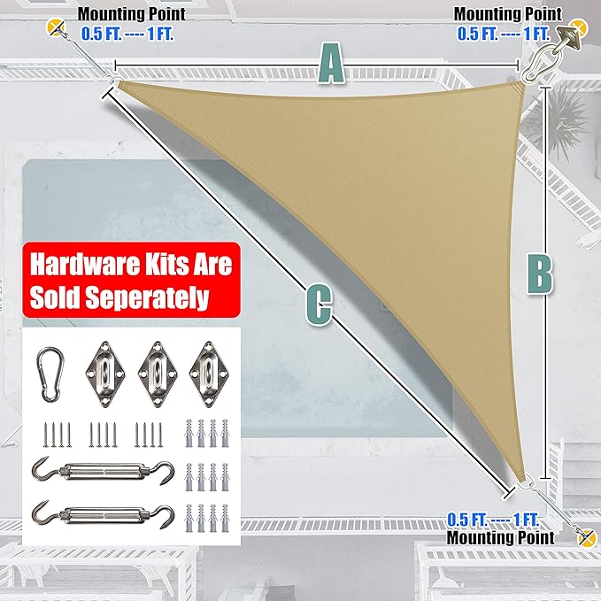 Amgo Custom Size 10' x 17' x 19.7' Sand Beige Right Triangle Sun Shade Sail Order to Make Canopy Awning UPF50+ AGSLT, 95% UV Blockage, Water & Air Permeable, 200GSM Commercial Standard (We Customize)