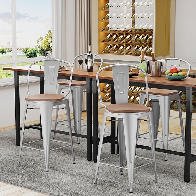 Alunaune 26" Swivel Metal Bar Stools Set of 4 High Back Counter Height Barstools Kitchen Dining Bar Chairs Industrial with Large Wooden Seat-Silver