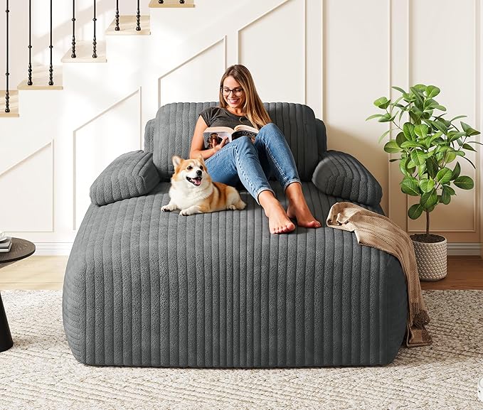 YITAHOME 67"L x 48"W Chaise Lounge Chair Indoor, Oversized Corduroy Upholstered Boneless Sofa Bed, Deep-Seat Sleeper Couch, Reading Chair, Cloud Sofa Couch for Living Room, No Assembly Required, Grey
