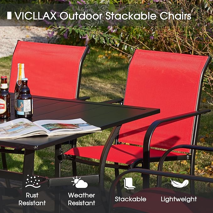 VICLLAX 3 Pieces Patio Dining Set for 2, Outdoor Furniture Set Includes 1 Small Patio Table and 2 Stackable Patio Sling Chairs, Patio Bistro Set for Outsides, Black Table and Red Chairs