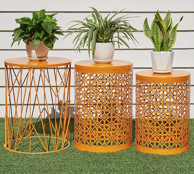 HFHOME Set of 3 Heavy-Duty Round End Side Table, Coffee Table for Indoor Multifunctional Use, Outdoor Decorative Garden Stool Plant Stand, Orange