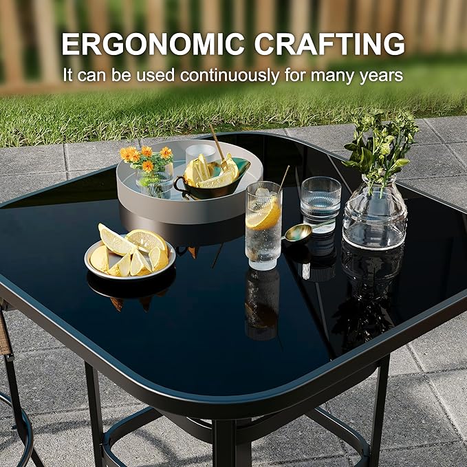 5 Piece Outdoor High Top Bar Set, 5 Pieces Outdoor Swivel Bar Set with 4 Swivel Chairs and Glass Top Table, All Weather Textile Fabric Outdoor Bar Height Chairs and Table Set of 5 for Deck, Backyard