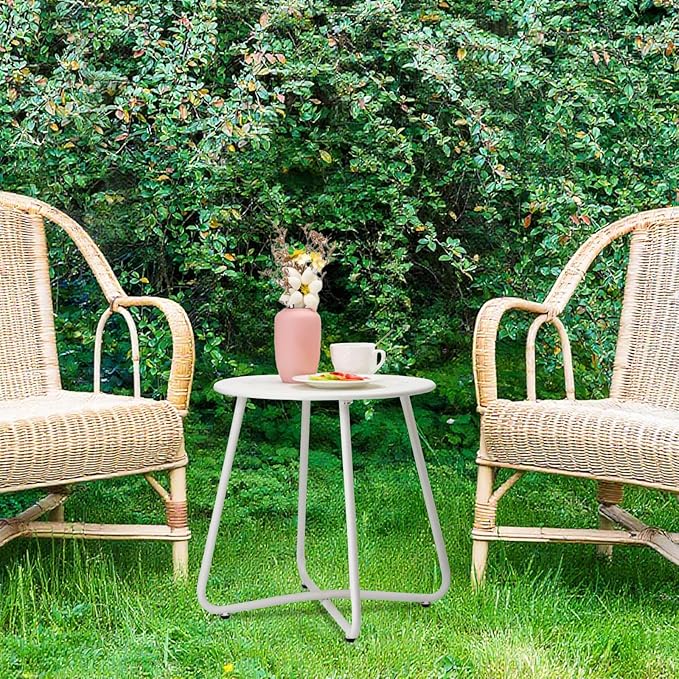 danpinera Outdoor Side Tables with Flower Cut Outs, Weather Resistant Steel Patio Side Table, Small Round Outdoor End Table Metal Side Table for Patio Yard Balcony Garden White