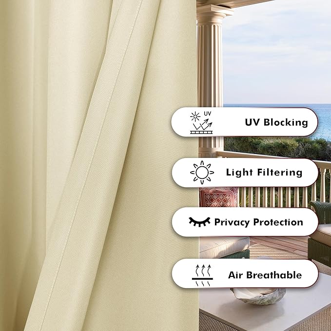 BONZER Waterproof Outdoor Curtains for Patio Porch Pergola Cabana Thick Privacy Wide Grommet Indoor Curtains for Bedroom Living Room, 1 Panel, 110W x 95L inch, Cream