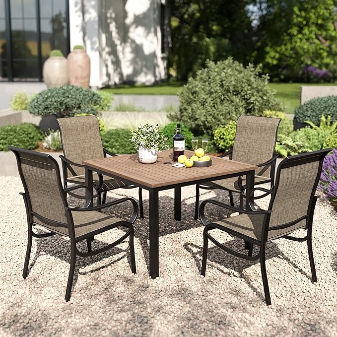 PHI VILLA 5 Piece Patio Dining Set, 42'' Wooden Texture Metal Table with Umbrella Holes and 4 High Back Fixed Chairs All Weather Outdoor Table and Chairs Set for Deck Garden Yard