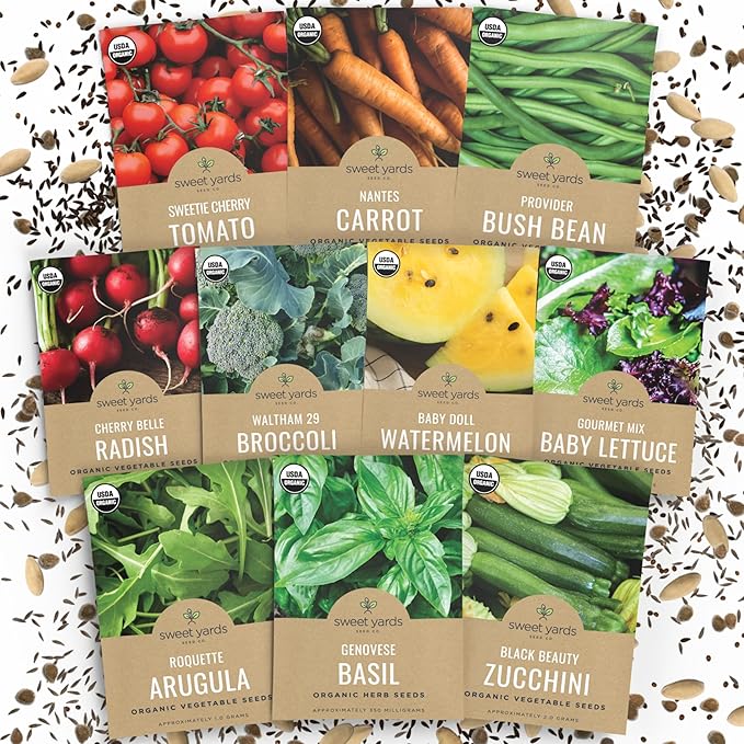 Organic Seeds Essential Variety Pack - 10 Individual Packs - 2026 Season - Summer Squash, Cherry Tomatoes, Arugula, Broccoli and More! for Indoor & Outdoor Planting (Non-GMO, Certified Organic)