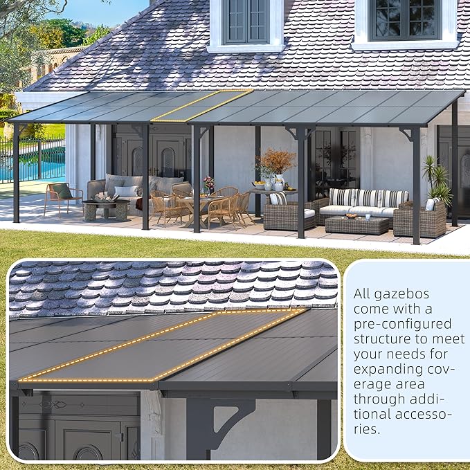 AECOJOY 16' x 10' Gazebo Outdoor Pergola, 10x16 Large Wall-Mounted Hardtop Lean to Metal Gazebo Shelter Pergolas and Gazebos Clearance with Patio Roof, Heavy Duty Awnings for Backyard, Decks