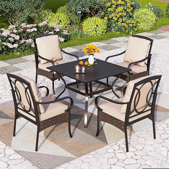 PHI VILLA 5-Piece Outdoor Dining Sets, All-Weather Patio Table and Chairs Set for 4, Heavy Duty Patio Table Set Square for Deck, 4 Extra Large Outdoor Metal Wicker Dining Chairs with Thick Cushions
