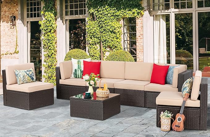Vongrasig 7 Pieces Patio Furniture Sets, Outdoor Modular Sectional Sofa Patio Conversation Set PE Rattan Wicker Sectional Couch with Cushion, Glass Table for Patio, Garden, Poolside, Beige