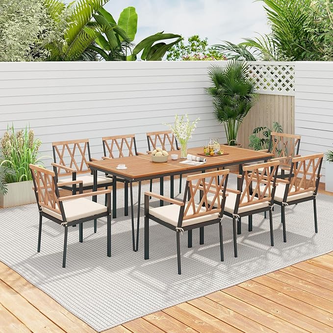 Tangkula 9 Piece Patio Dining Set, Outdoor Rectangular Dining Table w/Acacia Wood Top & Umbrella Hole, Metal Frame Dining Table & Chairs Set w/Removable Seat Cushions for Yard, Porch, Garden, Deck