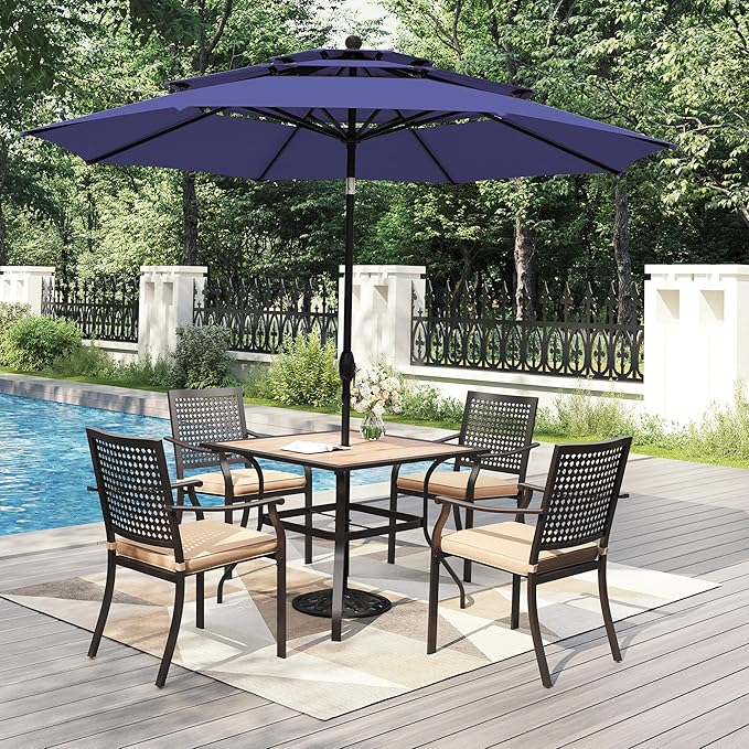 PHI VILLA 5 Pieces Outdoor Dining Set for 4 with Umbrella, 37" Square Wood-Like Steel Table & Stackable Iron Chairs with Cushions & 10ft Blue Umbrella, Modern Furniture for Patio, Deck, Yard, Porch