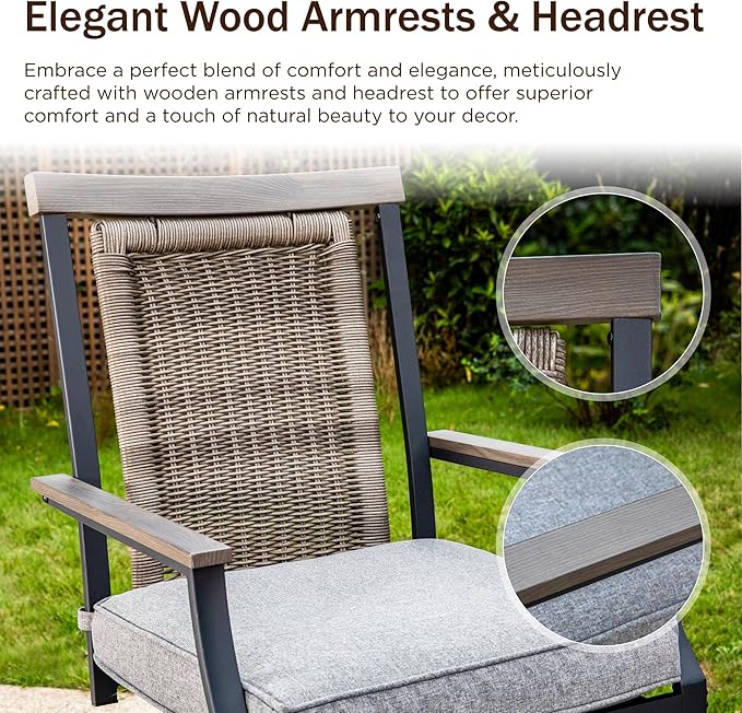 PHI VILLA 3 Piece Outdoor Bar Furniture Set, Counter Height Patio Bar Bistro Table (Square) & Rattan Wicker Bar Stools Chairs with All Weather Cushions for Backyard, Deck and Porch