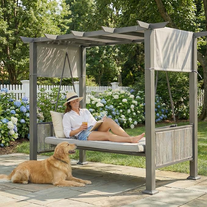 Pamapic 3-Seat Porch Swing Bed with Adjustable Canopy, Outdoor Hanging Swing Chair with Stand, Wicker Armrests, Patio Hammock Swinging for Porch, Backyard, or Garden, Comfortable Cushion, Gray