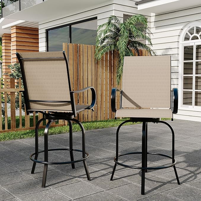 GarveeLife 2 Piece Outdoor Swivel Bar Chairs, Patio High Swivel Bar Stools, All Weather High Back and Armrest Patio Chairs, Outdoor Rotating Chair Counter Height for Deck Lawn Garden Backyard