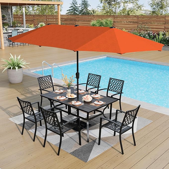 PHI VILLA 8 Piece Patio Dining Set with 13ft Double-Sided Patio Umbrella,Metal Outdoor Table Furniture Set with 6 Outdoor Stackable Chairs, 1 Rectangle Dining Table and 1 Large Umbrella