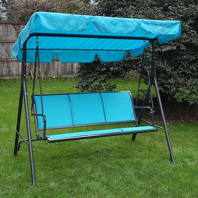 Kozyard 3-Person Outdoor Canopy Porch Swing Chair, Breathable Textilene Armrest Seat, Adjustable Shade, Heavy-Duty Powder-Coated Steel Frame Swing for Patio, Backyard, Poolside & Balcony, Blue
