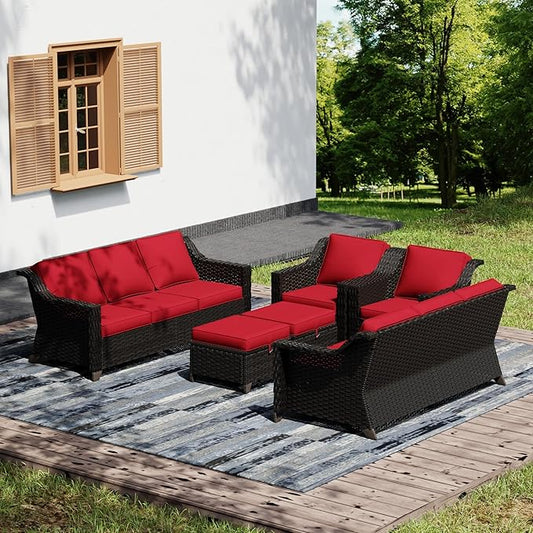 Joyside Wicker Patio Furniture Sets, 6 Pieces Upgraded Large Size Outdoor Furniture with Swivel Rocking Patio Chairs, Two 3-Seat Sofa, Outdoor Ottoman, Thick Cushions, Wide Armrest, Red