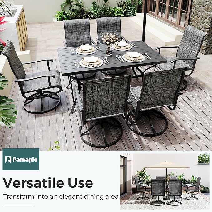 7-Piece Outdoor Dining Set, Patio Furniture Set with 2 Textilene Swivel Chairs & 4 Regular Chairs,Patio Dining Set with 1 Rectangular Table for Garden, Backyard, Poolside, Deck, Charcoal