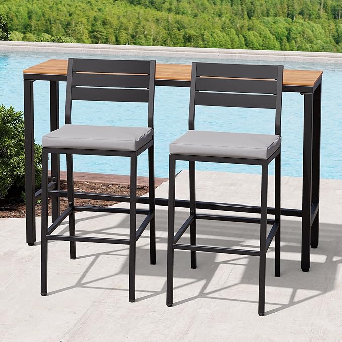 Crestlive Products Outdoor Bar Table and Chairs Set, 3 Piece Outside Patio Bar Set with 55" Long Bar Table and 2 Bar Stools for Balcony, Bistro, Garden, Backyard(Brown Desktop and Light Gray Cushion)