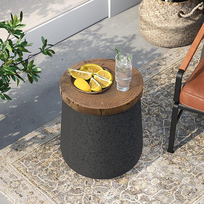 SUNBURY Small Outdoor Side Table, 13" W Black Outdoor End Tables for Patio, Accent Side Table, Garden Stool Wooden-Look Top Concrete for Livingroom Bedroom, Garden, Backyard