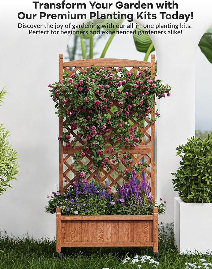 GarveeLife 2-Pack Tall Wood Planter Box with Trellis, 61.5" H Raised Garden Bed on Wheels, Vertical Stand Planter with Drainage Holes for Patio, Balcony & Outdoor Garden