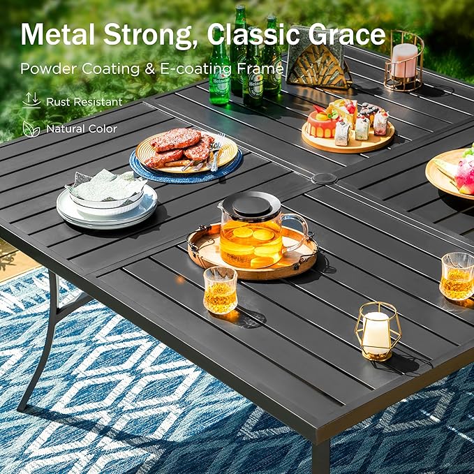 PHI VILLA 9 Piece Outdoor Dining Set for 8, 60" Square Metal Wrought Iron Table with Umbrella Hole & Brown Wicker Chairs with Cushions, Modern Outside Furniture for Patio, Deck, Backyard, Porch