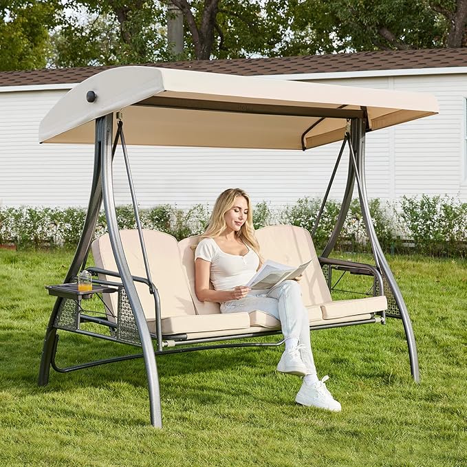 Upgrade 180° Convertible Outdoor Swing for Adults, Outdoor Porch Swing with Stand 800lb Bearing Capacity, 3-Seat Outdoor Swing with Canopy Adjustable, Thickened Cushions (Square, Khaki)