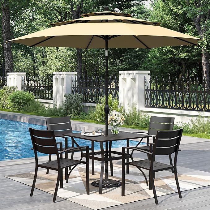 PHI VILLA 5 Pieces Outdoor Dining Set with Umbrella for 4, 37" Square Metal Steel Table & Stacking Wrought Iron Chairs & 3-Tier Beige Umbrella, Outside Furniture Set for Patio, Deck, Porch, Backyard