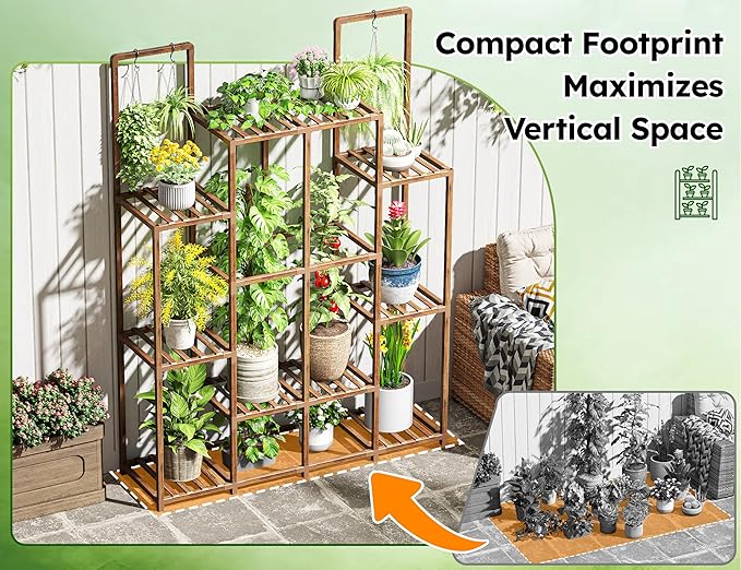 EnHomee Plant Stand Indoor for Multiple Plants Stand Outdoor with 18-22 Potted Double Rod for Hanging Plant Shelf 570 LBS Wood Plants Shelves for Living Room Patio Balcony Yard Garden 56''W×11.6''D×47''H
